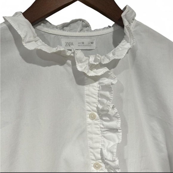 ZARA Poplin Ruffle 3/4 Long Sleeve Button Up Blouse | White | Size 10 - Picture 2 of 8